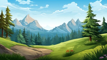 Mountains, valley and coniferous forest landscape