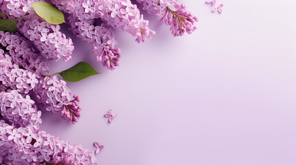 Floral spring background with purple lilac flowers copy space, generative ai