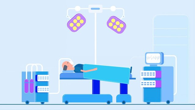 2D Rendered Static Scene Of Old Man Lying On Surgery Bed Unconscious With Attached Oxygen Tube.