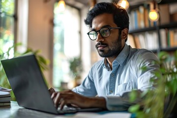 Busy indian business man office employee worker, arab professional company manager analyst wearing eyeglasses working on corporate data typing on laptop computer sitting at home office, Generative AI