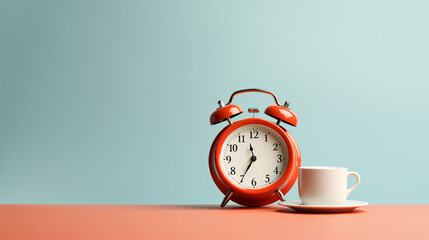 Vintage alarm clock with ceramic coffee cup - obrazy, fototapety, plakaty