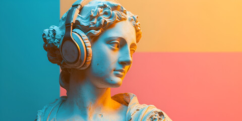 Statue of Apollo with headphones on a pink background, generative ai - obrazy, fototapety, plakaty
