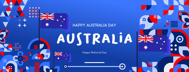 Happy Australia Day banner in modern geometric style with dominant color blue. National Holiday greeting card cover with typography. Vector illustration for celebration day and independence party.