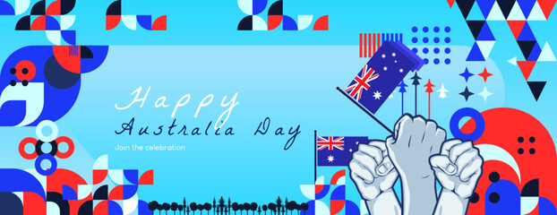 Happy Australia Day banner in modern geometric style with dominant color blue. National Holiday greeting card cover with typography. Vector illustration for celebration day and independence party.