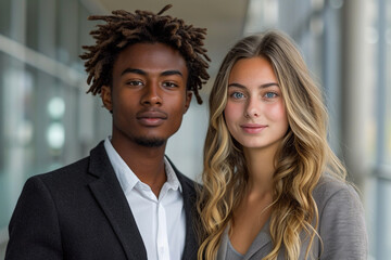 Portrait of young business lady and man in first day of work