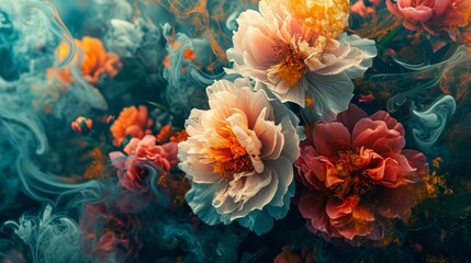 Fototapeta na wymiar Colorful floral background with peony flowers, close-up. Generative AI