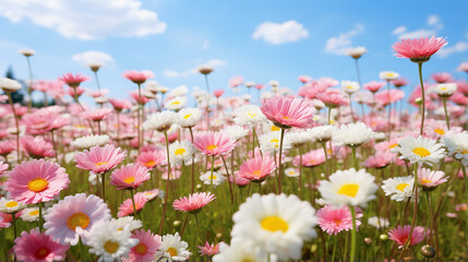Meadow with lots of white and pink spring daisy flower in bright daylight