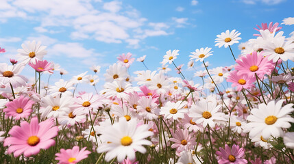 Meadow with lots of white and pink spring daisy flower in a cloudy sky