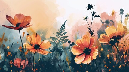 Seamless floral background with poppies and watercolor splashes Generative AI