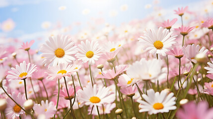 Meadow with lots of and pink spring daisy flower with sunlight