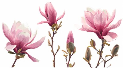Magnolia flowers set. Watercolor hand drawn illustration isolated on white background. Generative AI