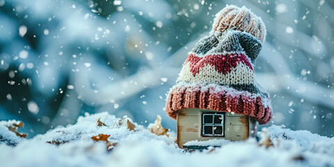 A wooden toy house in the snow in winter is covered with a hat and wrapped in a scarf the concept of keeping warm, generative ai - obrazy, fototapety, plakaty