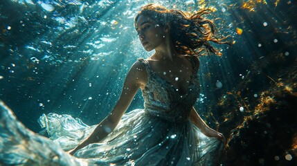 AI generated illustration of a beautiful woman in a dress underwater