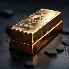 Gold bar close-up on a dark background isolated. A piece of gold. Gold bar in hands. Storing gold in a bank, deposits, investments, wealth, income. Generative ai
