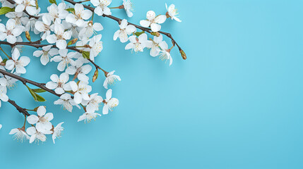 Pretty spring cherry blossom branches on blue background. Simple flower background - obrazy, fototapety, plakaty