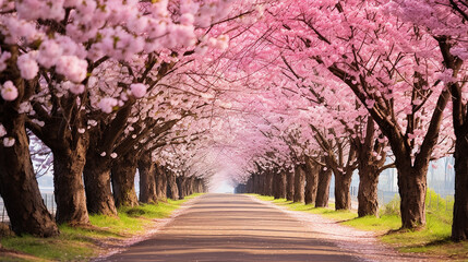 Road with blooming trees in spring season illustration background