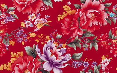 Floral fabric. Red Chinese flower pattern. 