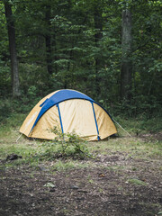 Yellow and blue tent in a clearing in the woods, no people, copy space