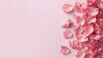 Fototapeta na wymiar pink rose petals on pink background with copy space, generative ai
