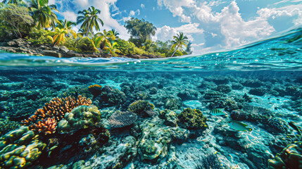 Tropical Island And Coral Reef - Split View With Waterline. Beautiful underwater view of lone small island above and below the water surface in turquoise waters of tropical ocean. 