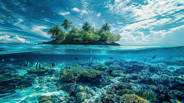 Tropical Island And Coral Reef - Split View With Waterline. Beautiful underwater view of lone small island above and below the water surface in turquoise waters of tropical ocean. 