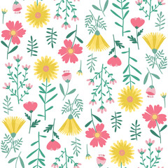 Floral Seamless Pattern of Flowers and Leaves in Yellow, Green, Pink on White Backdrop. Wallpaper Design for Textiles, Fabrics, Decorations, Papers Prints, Fashion Backgrounds, Wrappings Packaging.