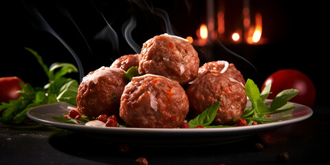 Homemade meatballs with tomato sauce and spices served in plate on grey background, generative ai