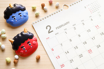 2月のカレンダー　節分イメージ - obrazy, fototapety, plakaty