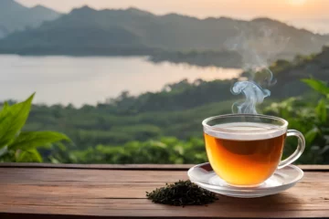 Foto op Plexiglas A hot and smoke tea with glass cup on wooden and peaceful view point in morning scene with isolated in a light color background © Nuwan Buddhika