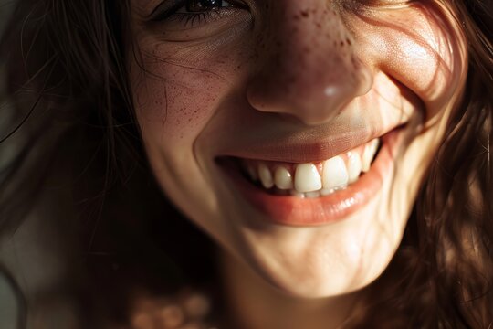 Smile of a girl with freckles and teeth requiring treatment. The concept of dental clinics treatment, care, prevention of teeth, advertising of cosmetics - lipsticks.