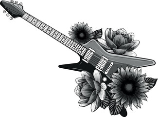 monochromatic illustration of electric Guitar with flower - obrazy, fototapety, plakaty