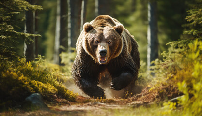 Portrait of an angry brown bear in a forest - obrazy, fototapety, plakaty