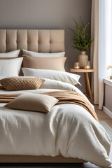 Modern house interior details. Simple cozy coloful beige bedroom interior with bed headboard