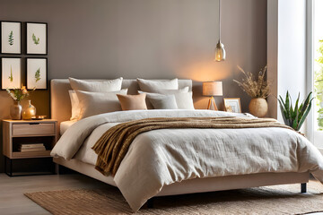 Modern house interior details. Simple cozy coloful beige bedroom interior with bed headboard