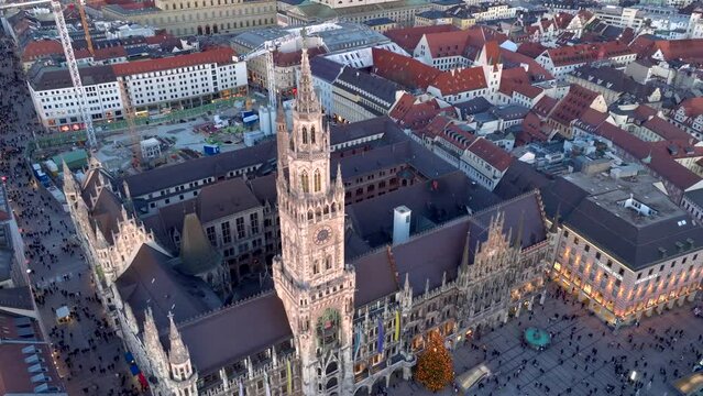 Munich WInter Evening Twilight Aerial skyline Drone Video. City centre Church and Marienplatz square, Muenchen, Germany
