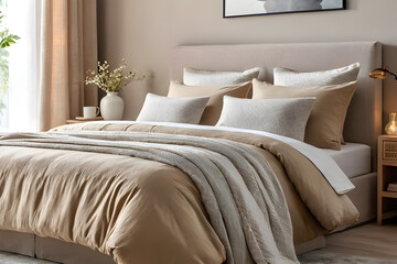 Modern house interior details. Simple cozy coloful beige bedroom interior with bed headboard