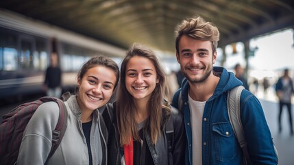 Three cheerful students boy and girls friends with backpacks travelling by train on railwaystation platworm smiling - obrazy, fototapety, plakaty