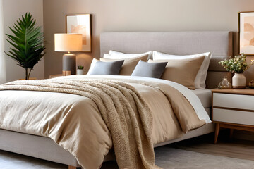 Modern house interior details. Simple cozy coloful beige bedroom interior with bed headboard