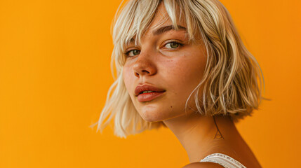 Portrait of a beautiful smiling blonde girl with a short haircut. orange background.