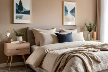 Modern house interior details. Simple cozy coloful beige bedroom interior with bed headboard