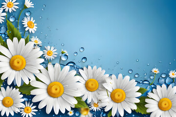 Floral banner with chamomiles and water drops on blue background