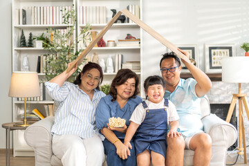 portrait enjoy happy smiling love asian family father and mother with young parents little asian...