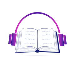 An open book and headphones. The concept of online education, learning, listening to books, audio books. Vector