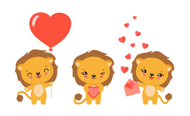 Cute valentine animal illustration. Kawaii lion holding heart shape balloon, cake, envelope with paper hearts. Cartoon lion cub character jaguar emoji vector. Love mascot for valentine day greeting.