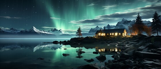 Aurora borealis over a lake with a house