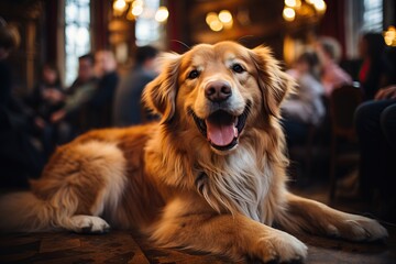 Golden Retriever lounging happily, basking in the warmth of a lively pub