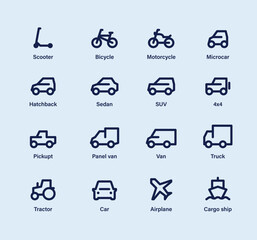 Big set outline icons, different types delivery transport 