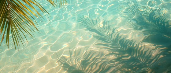 Fototapeta na wymiar clear water reflecting the sky, silhouette of palm leaves. Ocean or blue sea, white sand beach