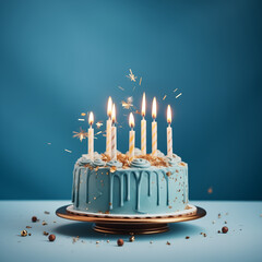 Blue cake on table with sparkling candles. Celebration mood