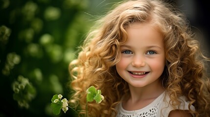 Little cheerful curly girl standing in the green garden or park for Children Protection Day